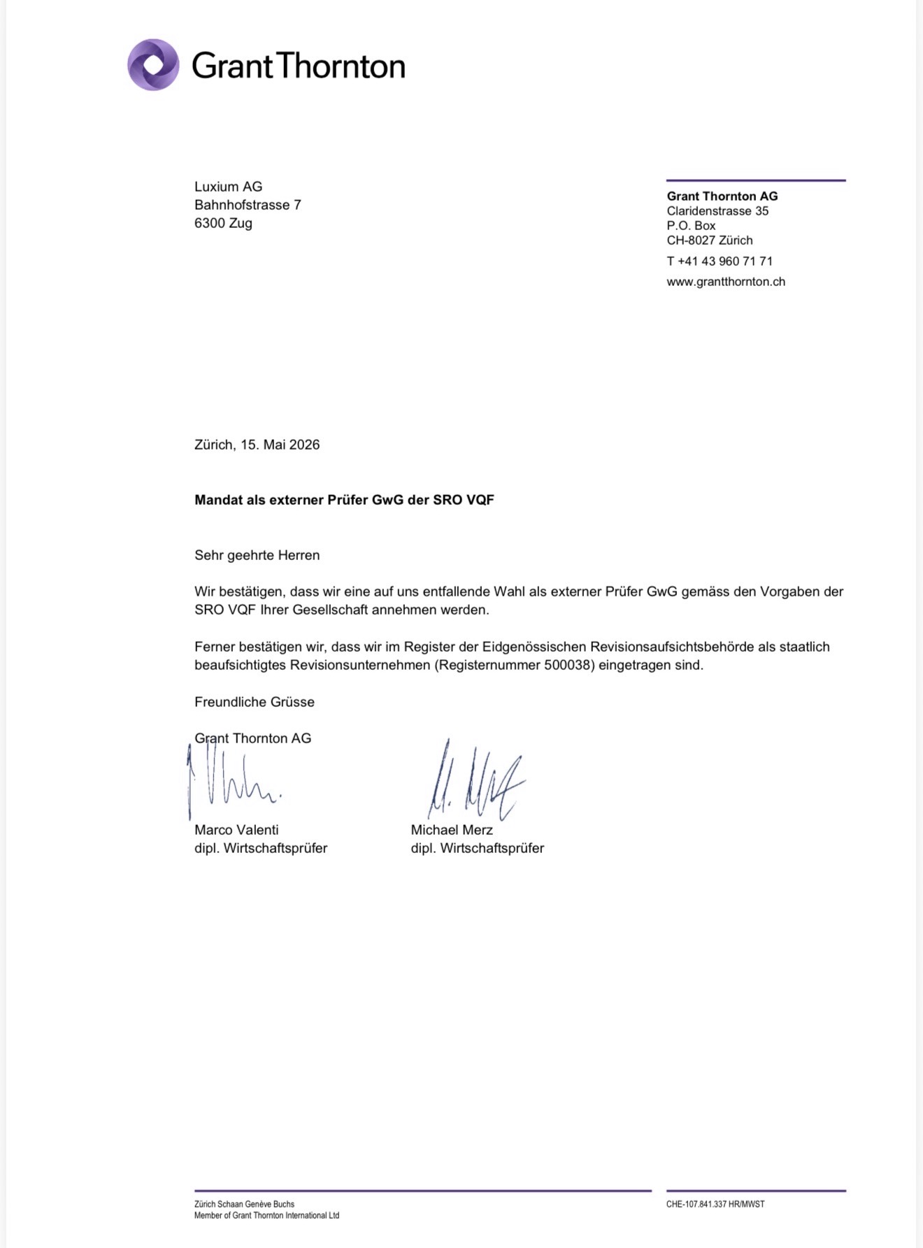 Grant Thornton Officially Appointed as External Auditor for Luxium AG