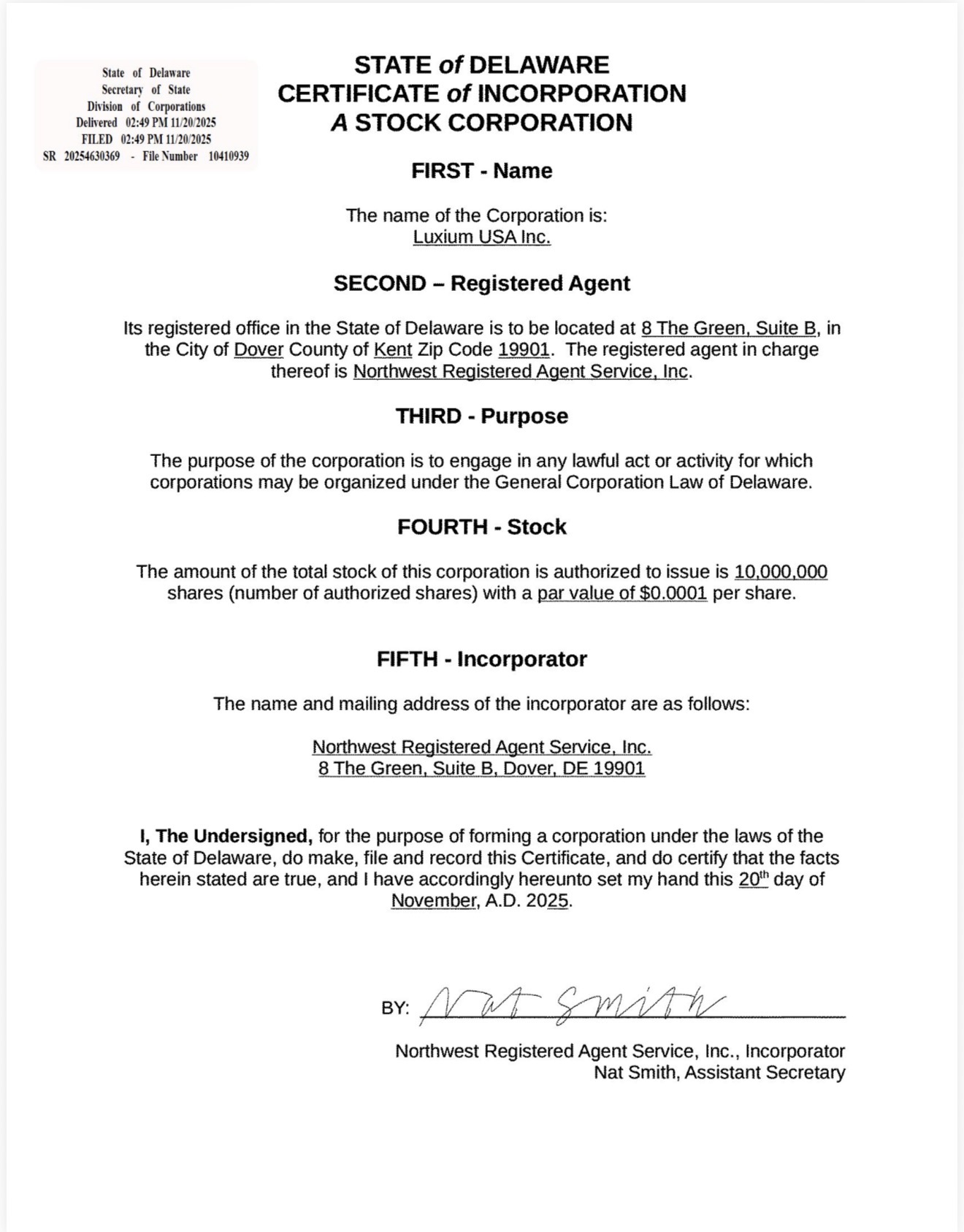 Luxium USA Inc. ოფიციალურად დარეგისტრირდა აშშ-ში