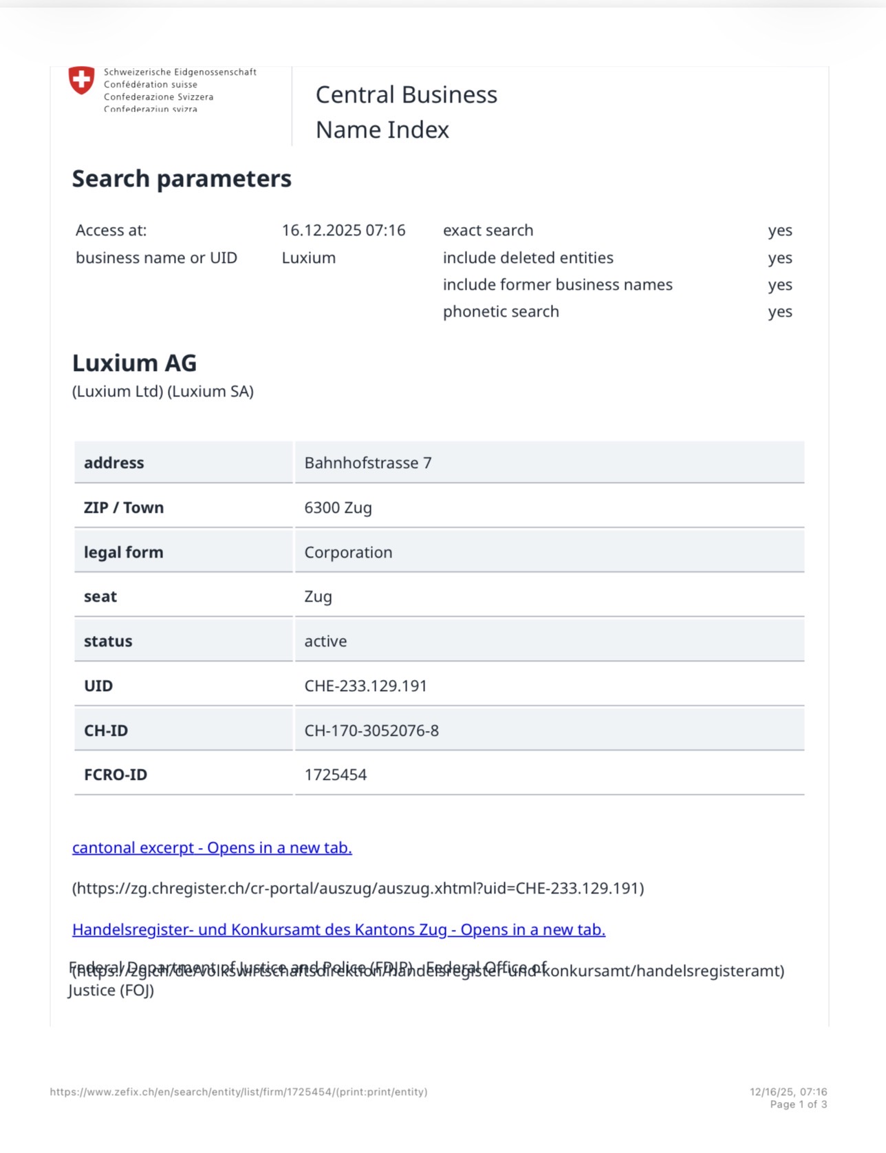 Luxium AG ოფიციალურად დარეგისტრირდა შვეიცარიაში, ქალაქ ცუგში